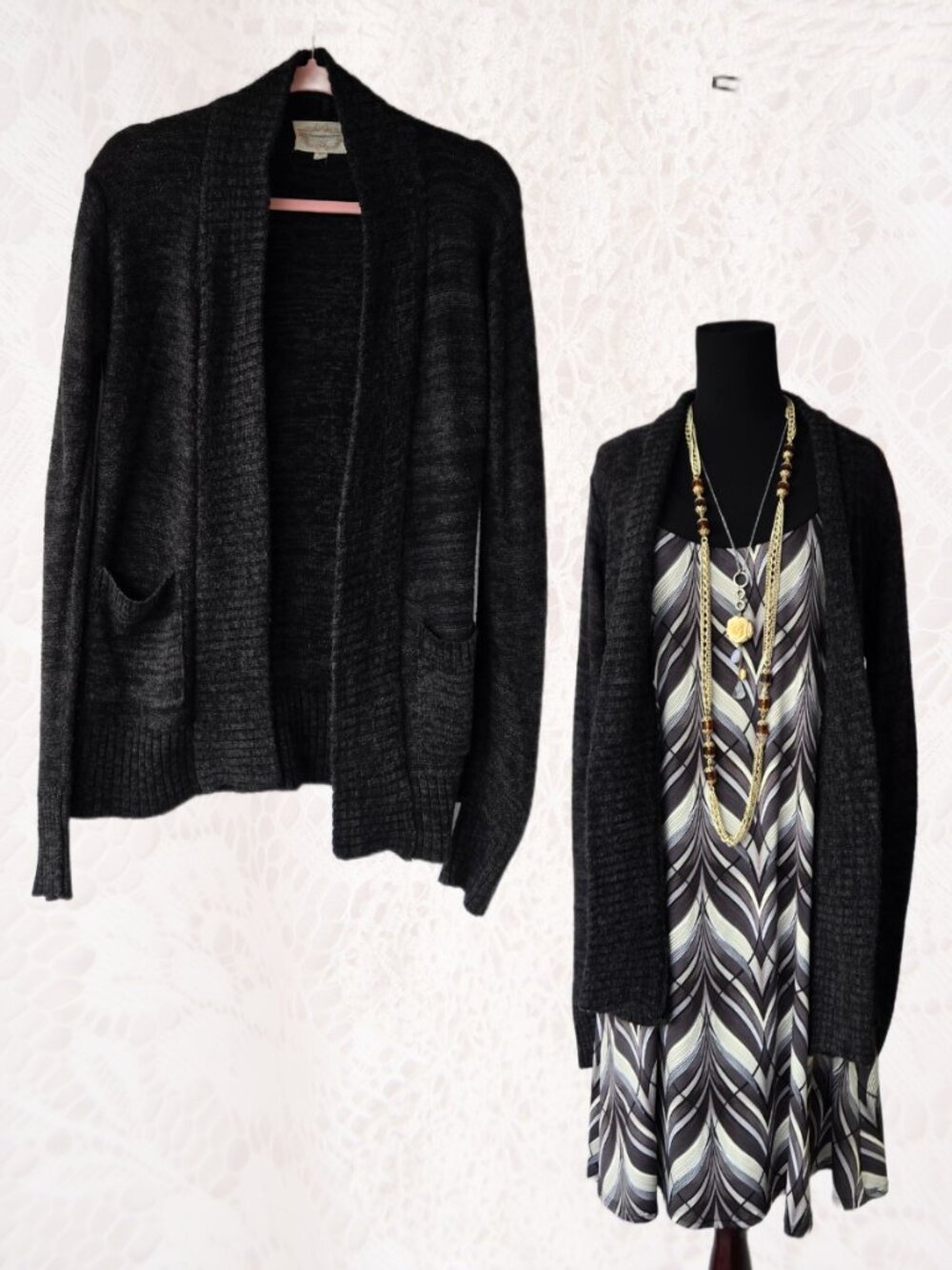 Ambiance Light Black Open Front Cardigan Sweater Classic Minimalist Office